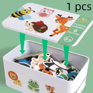 Iron Box Puzzle Set, Early Education Large Block Puzzles, Cognitive Matching Animal Traffic Blocks, Intellectual Wooden Toy