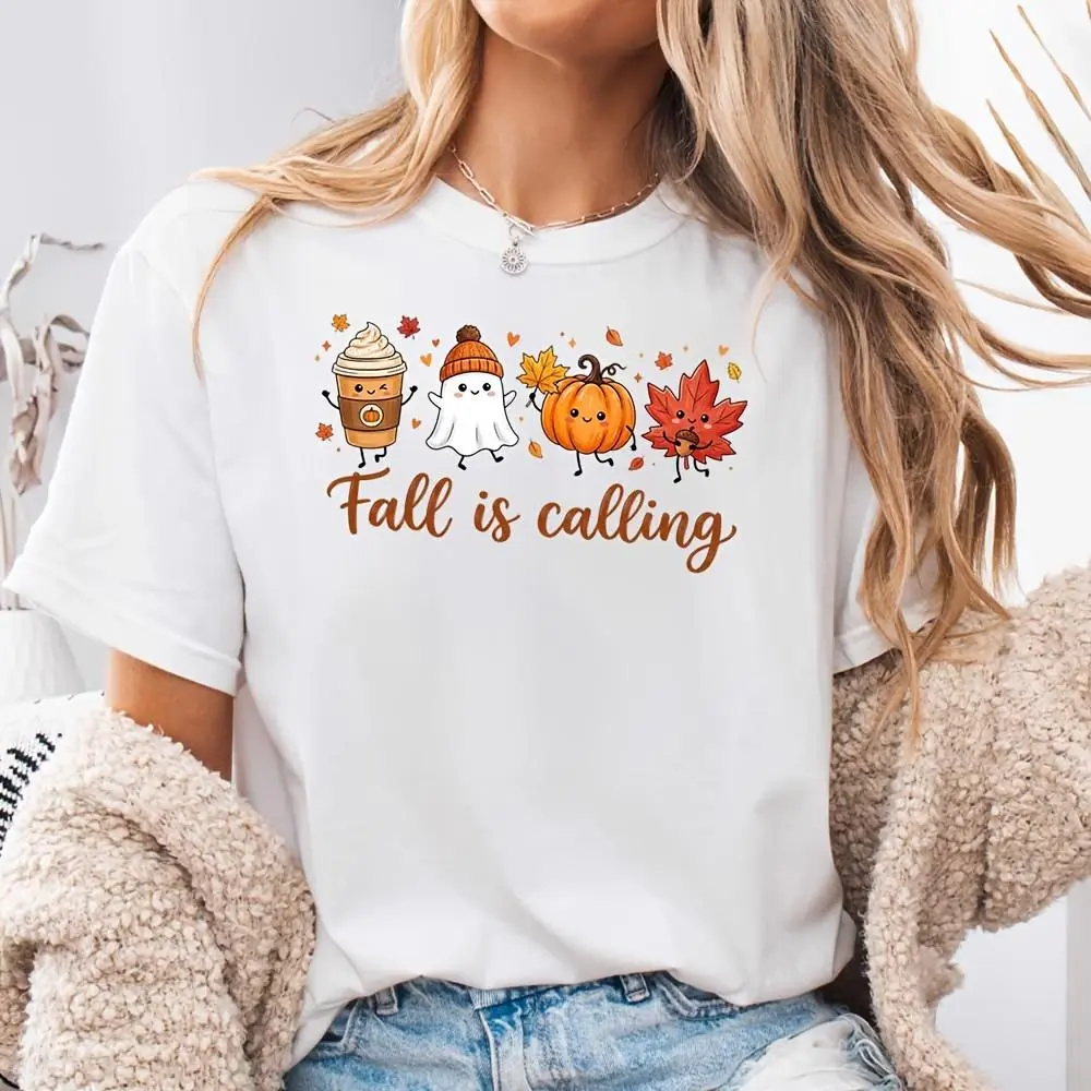 Fall Is Calling Pumpkin Ghost Maple Leaf Print, Neck Drop Shoulder T-Shirt, Autumn Halloween Festival Theme, Casual Daily Wear
