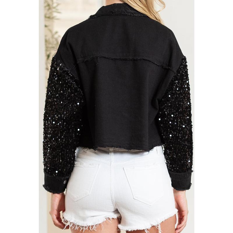 Black Sequin Sleeve Pocketed Raw Hem Denim Jacket