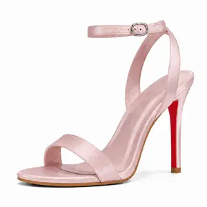 Custom Made Women's Custom Luxury Red Bottom Stiletto Sandals - Black Satin, Open Toe, Single Band Ankle Strap, Cushioned Insole, Comfortable, Versatile Evening Club Shoe for Formal Occasions