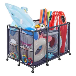 VEVOR Pool Storage Bin, 48.8x 32.7x 32.7 in, Rolling Pool Float Storage Organizer with Side Pockets Casters, Heavy Duty Metal Frame, Poolside Toys Noodles Holder Mesh Basket for Swimming Pools