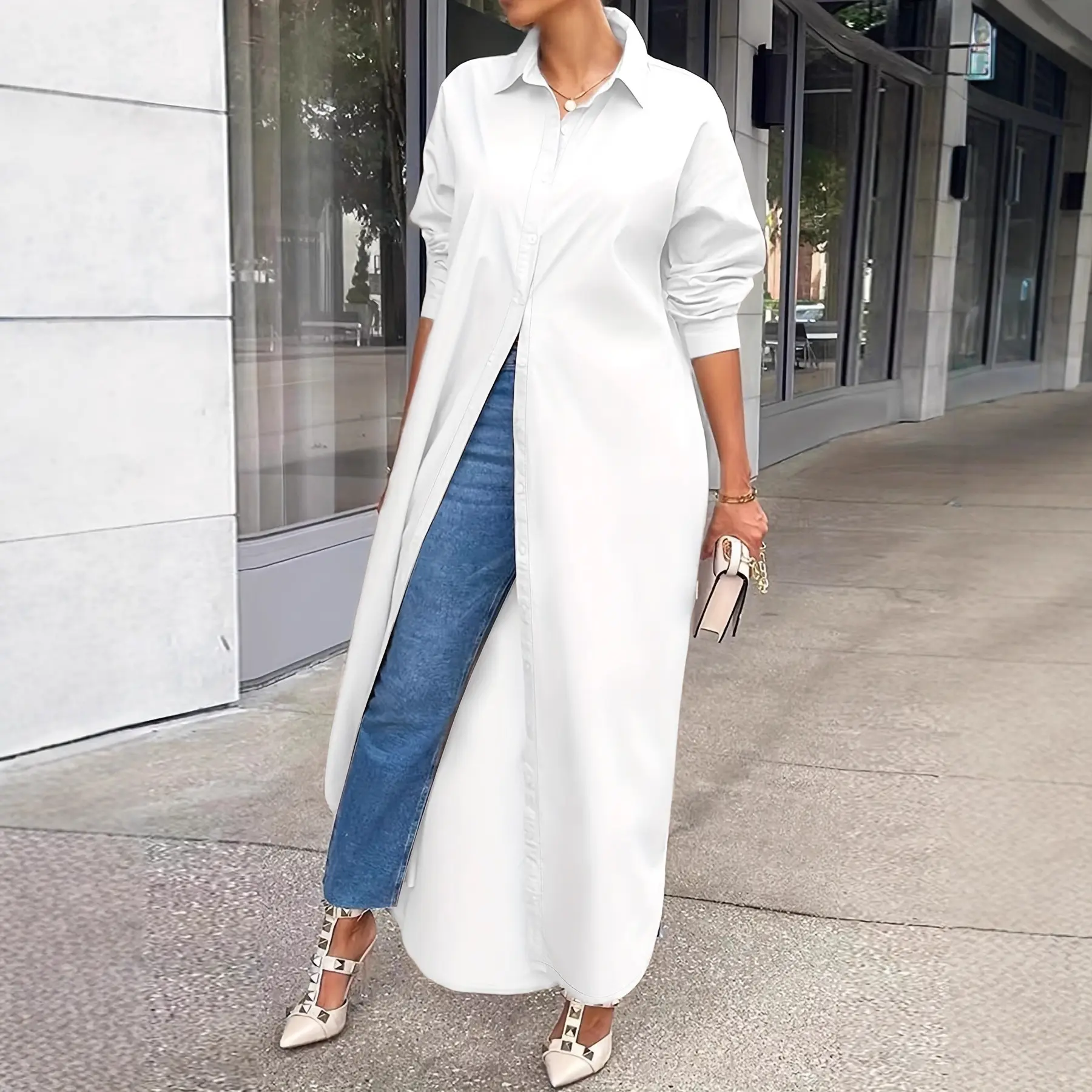 Elegant women's long-sleeved shirt-style dress, loose fit, suitable for daily office wear, suitable for all seasons, polyester fabric, white dress Minimalist Womenswear Collared Casual Button