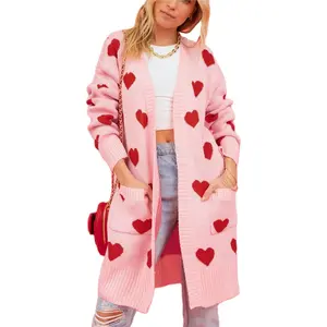 Womens Cardigan Sweaters Love Heart Print Open Front Cardigans Y2K Button Knitted Sweater Outerwear Valentines