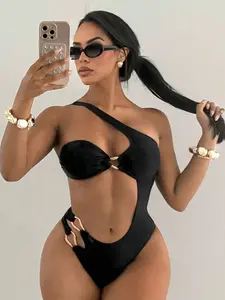 Swim SXY Women's Standard Size Solid Color Asymmetrical Neck Hollow-Out Golden Decor Beach Vacation One Piece Swimsuit, Summer