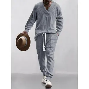 Two piece men's solid color jacquard off shoulder V-neck top and drawstring pants, casual formal fashion long sleeved pullover and pocket pants for daily wear, autumn and winter men's two-piece set, clothesRAIMENTRY
