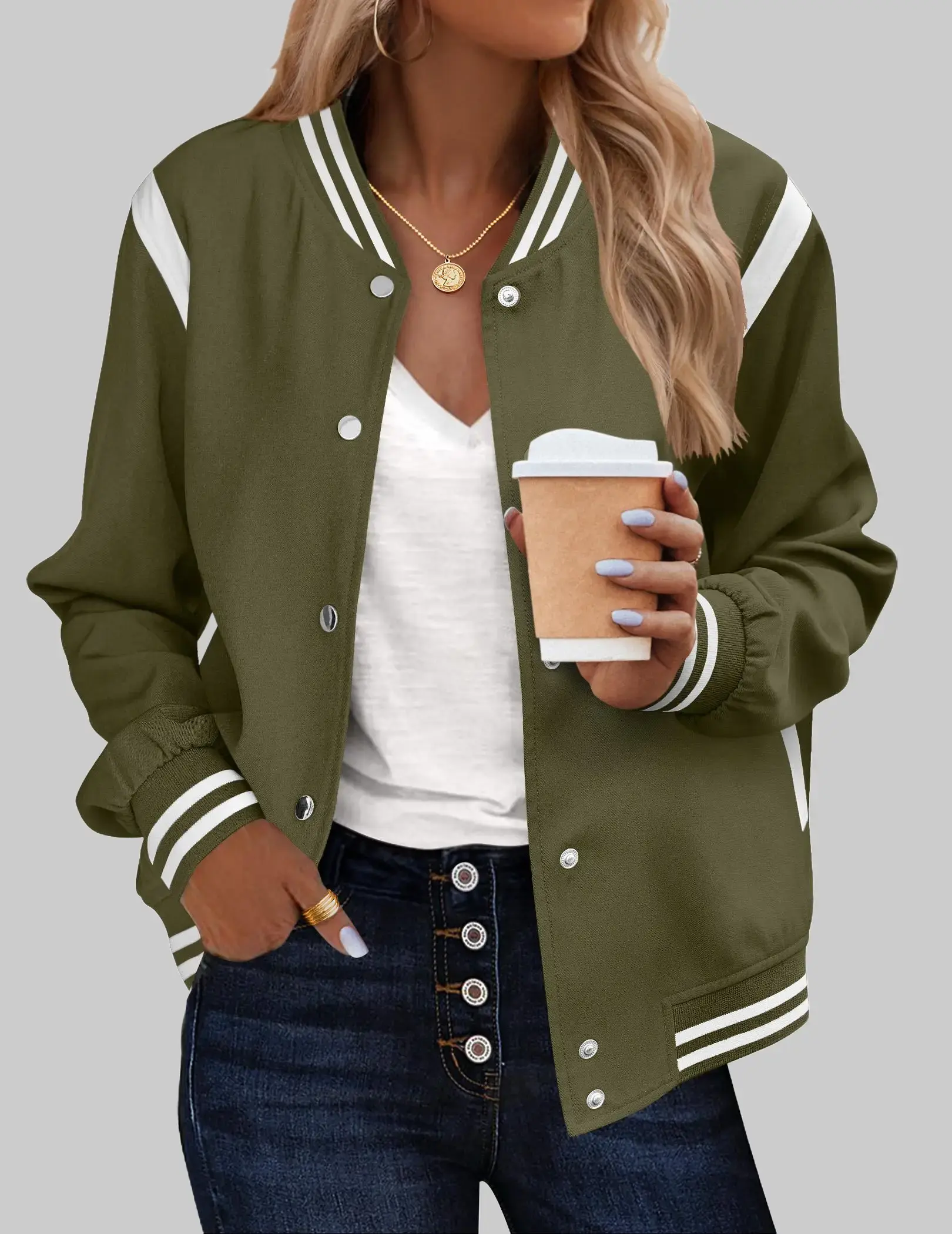 ZEAGOO Women's Premium Fabric Cute Collared Bomber Jacket Long-Sleeve Casual Lightweight Outerwear Tops Snap-Button Coat with Striped Collar and Pockets Snap Buttons All-Year Wear Medium Length Plain Cute Bike Work