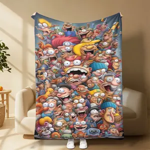 90s Nostalgic Cartoon Collage Fleece Throw Blanket, Funny Classic Cartoon Crowd Print Soft Plush Blanket For Sofa Bed Couch Indoor Use, Vintage Cartoon Home Decor, Nice Birthday Holiday Gift For 90s Cartoon Fans