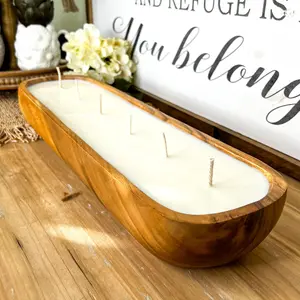 Long Oval Boho Candle -Refillable Handmade Wood Bowl -Minimalist Home Decor -Scented Soy Wax- Long Lasting Clean Fragrance Wick Ornaments Wick Ornaments