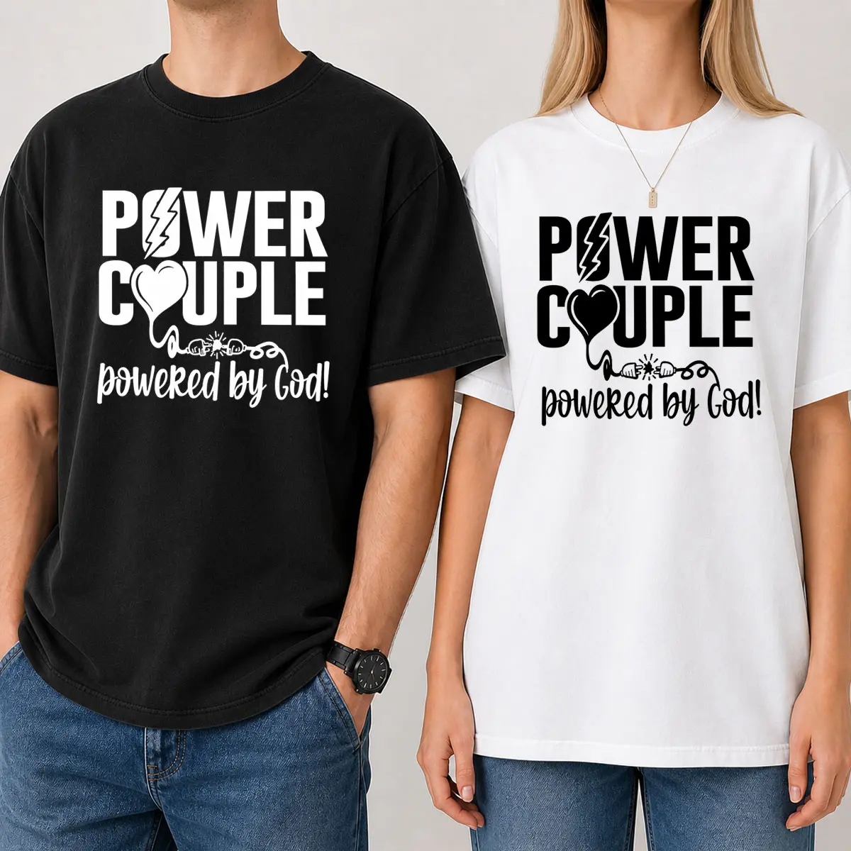 [100% Cotton] Power Couple Powered By God T-Shirt, Christian Matching Couple Tee Set, Faith Power Couple Graphic Shirt, Romantic Husband Wife Tees, Church Date Outfit, Anniversary Gift For Couples