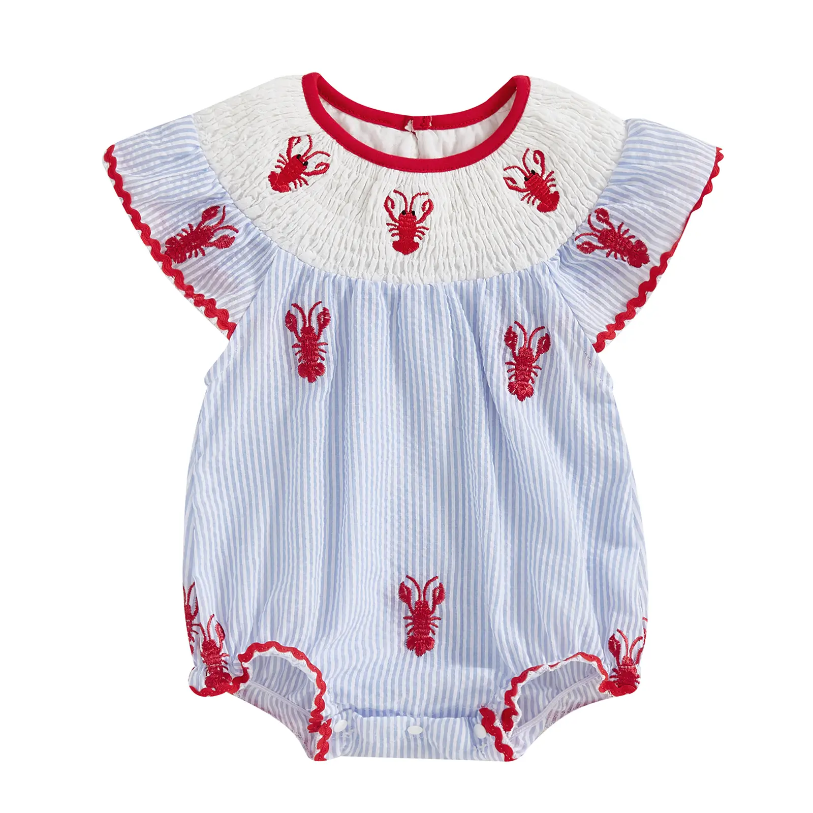 Newborn Baby Girl Crawfish Lobster Smocked Bubble Romper Lobster Ruffle Short Sleeve Onesie Bodysuit Jumpsuit Summer Outfits
