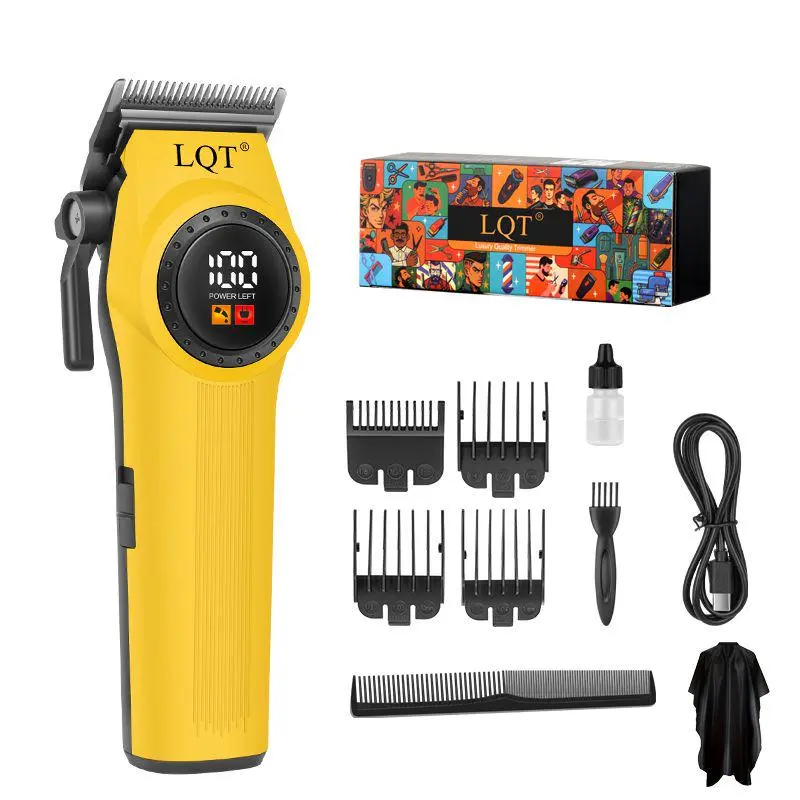 LQT Professional Plastic Yellow Cordless Hair Clipper for Men & Adults, 5V Barber Trimmer with LCD Display, Rechargeable Electric Home Haircut Kit for All Hair Types, Guide Combs, Cape & Full Accessories, Usb Power, Daily Care, Usb Charging, Portable, Wir