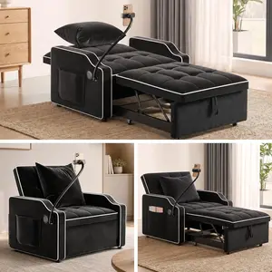 Convertible Sleeper Sofa Chair Bed, 3 in 1 Velvet Single Small Futon Sofa Bed with Phone Holder, Cup Holders & USB Ports, Pull Out Couch Recliner with Adjustable Backrest for Living Room, Office, Small Place (Black)