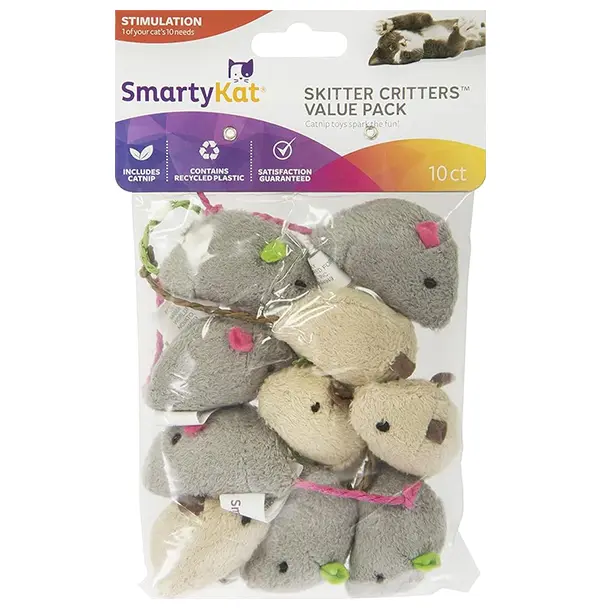 SmartyKat Skitter Critters Value Pack Catnip Cat Toys - Set of 10 Gray/Cream Toys