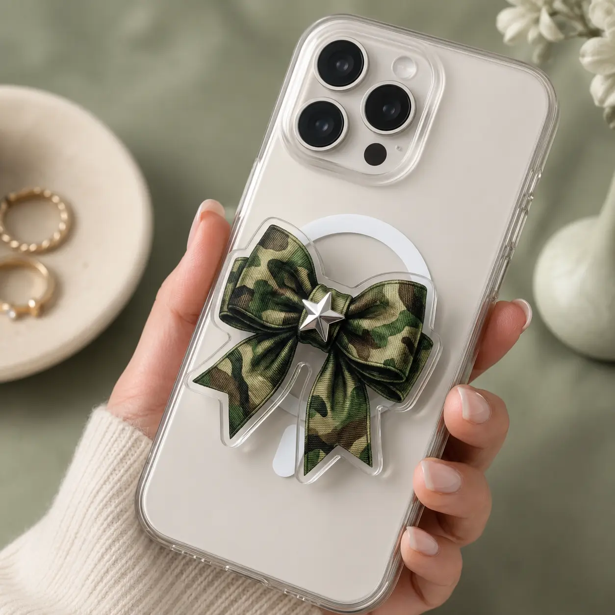 Camo Star Bow MagSafe Phone Grip - Military Chic Pop Socket for iPhone & Android Camouflage Bow with Star MagSafe Phone Holder