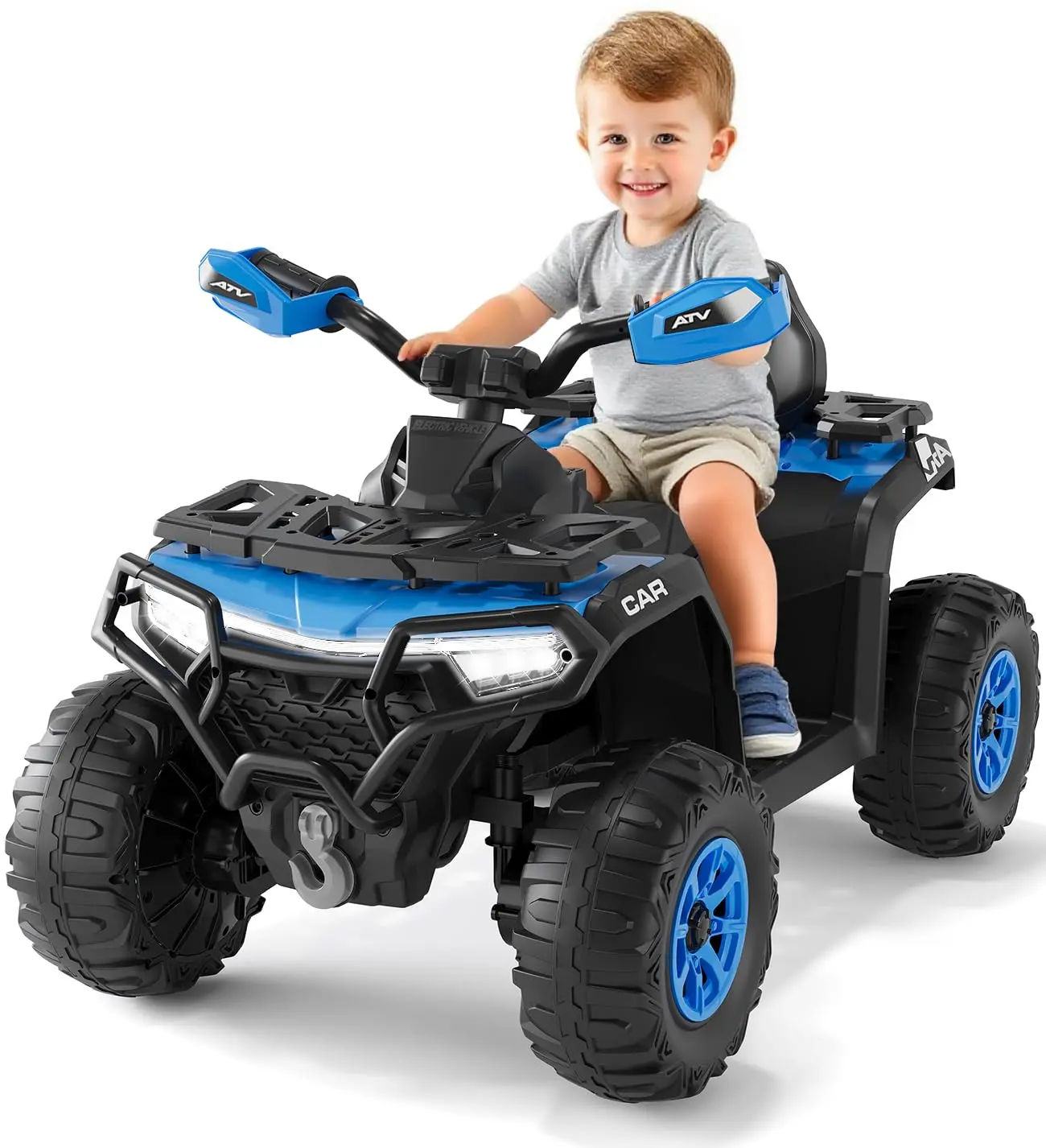 GARVEE 12V Electric Ride On Car for Ages 3-8 with Dual 45W Motors, Remote Control, LED Lights, Music Player, and Emergency Brake - Battery Powered Vehicle in Blue for Toddlers and Young Riders
