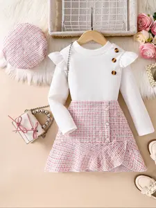 Girls' Casual Long Sleeve Ruffle Knit Top, Elastic Waist Button Skirt, Hat Set, Clothes Kids, Fall Winter, Ages 4-8, Outdoor & Party Wear