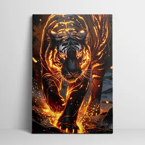 Lava Fire Tiger Canvas Wall Art - Black Tiger with Glowing Orange Flame Stripes Artwork, Cool Wild Animal Print for Living Room Bedroom Office Decor, Ready to Hang