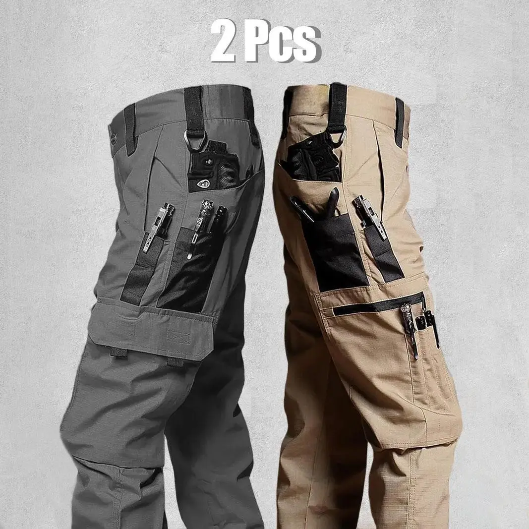 Men's durable outdoor training pants, men's multi-pocket work pants, men's solid color and  printed pocket zipper waterproof tactical cargo pants without belt, regular fit sports pocket durable autumn pants.