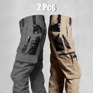 Men's durable outdoor training pants, men's multi-pocket work pants, men's solid color and  printed pocket zipper waterproof tactical cargo pants without belt, regular fit sports pocket durable autumn pants.