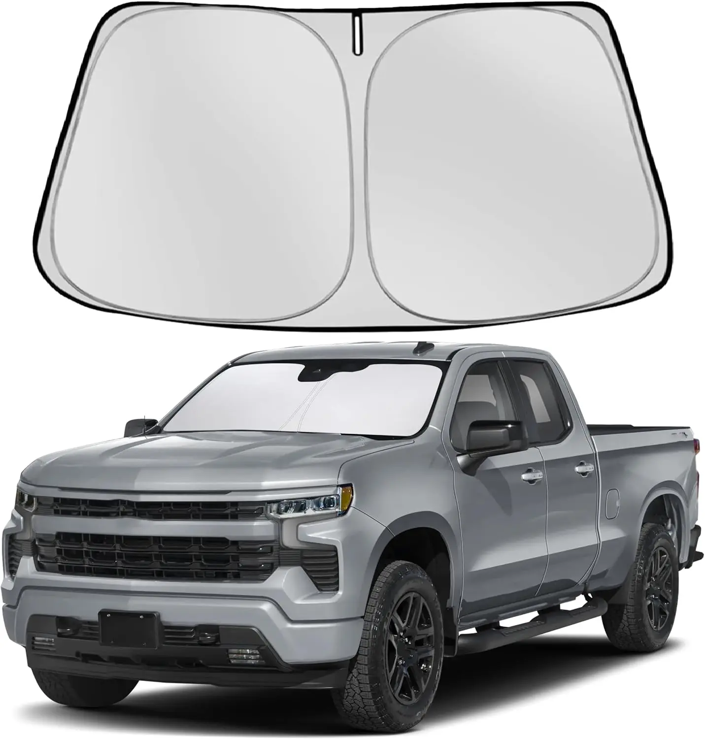 Front Windshield Sunshade for Chevy Silverado/GMC Sierra 1500 2500 3500 (2019-2026), Black & Silver UV Heat Protector, High Quality Material with Titanium Silver Coating + Heat Resistant Cloth, Easy to Install and Store Car Interior Cover