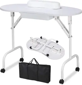 37-inch Portable & Foldable Manicure Table Nail Desk Workstation with Large Drawer/Client Wrist Pad/Controllable Wheels/Carrying Case for Spa Beauty Salon White, 1 Count