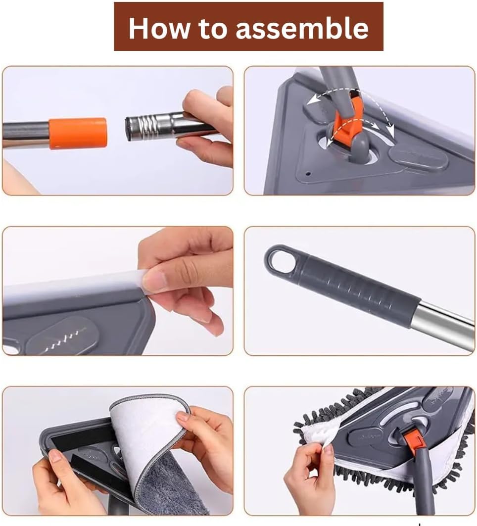 Wall cleaner with long handle, adjustable length wall mop with a 360° rotating head—cleaning tool for walls, ceiling fans, floors, baseboards, dust, and general kitchen cleaning; includes 6 replacement pads and 1 silicone squeegee.