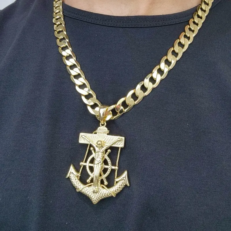 ViOrO 14K Gold Plated 8-10mm Cuban Link Chain with Jesus Christ Anchor Pendant for Daily Use. Electro Laminated Premium Jewelry