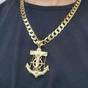ViOrO 14K Gold Plated 10mm Cuban Link Chain with Jesus Christ Anchor Pendant for Dairy Use. Electro Laminated Premium Jewelry