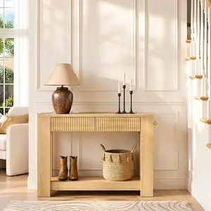 Fluted Entryway Table with Storage, Wood Console Table with 3 Drawers & Side Hooks, Narrow Sofa Table with Charging & Dimmable RGB Lights, Behind Couch Table for Hallway Foyer Living Room