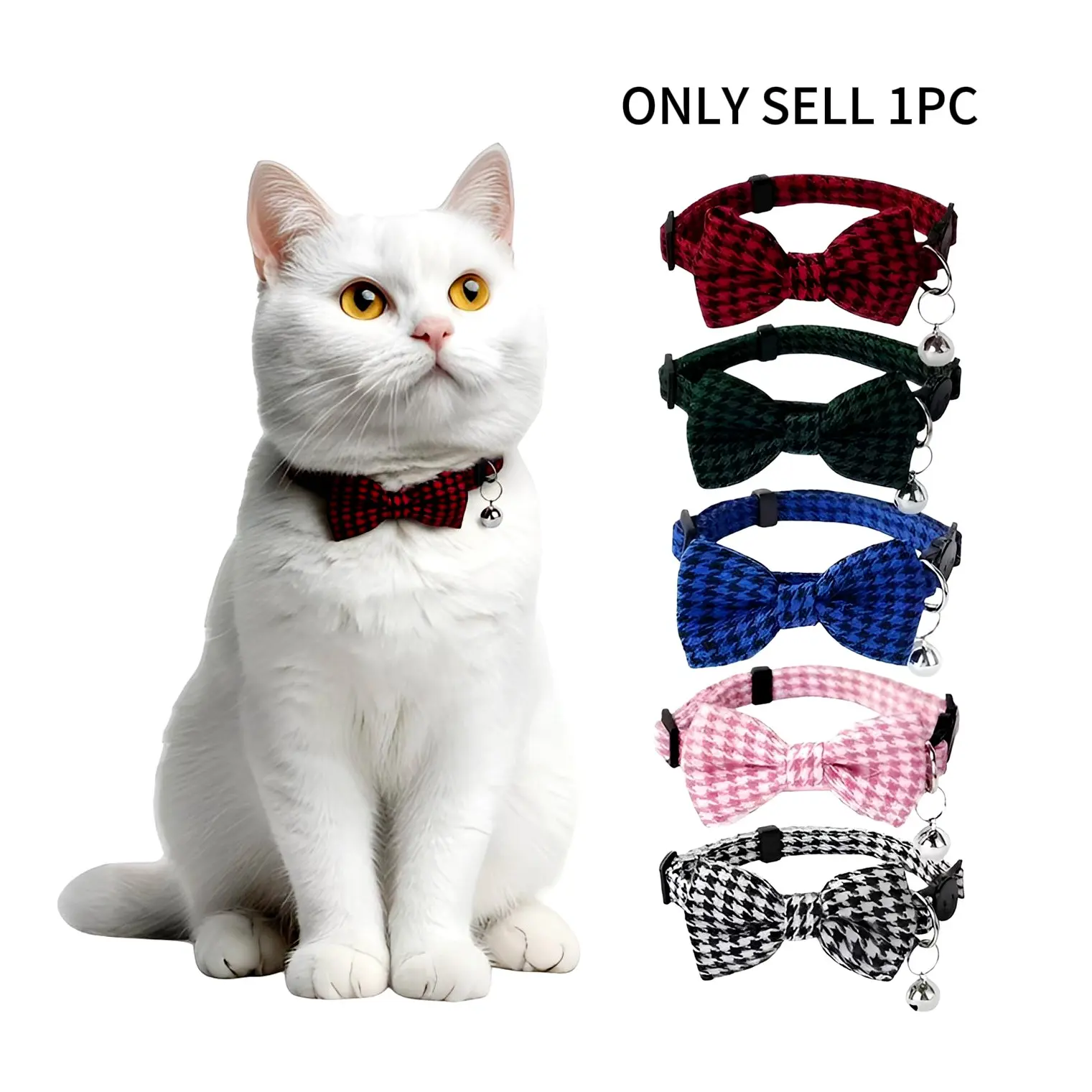 Plaid Bow Tie Pet Collar with Bell – Adjustable Collars Quick Release Breakaway Cat Dog Poodle Necklace for Small Medium Puppy Kitten – 5 Colors Holiday Festival Series – Soft Fabric Safety Buckle for Daily Party Wedding