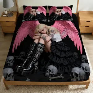 2/3 Pcs Dark Angel Nightmare Theme Pattern Bedding Fitted Sheet Set(1* Fitted Sheet+1/2* Pillowcase,core-free),machine Washable,zipper Seal,multiple Sizes Suitable For All Seasons,suitable For Bedrooms,perfect Gift For Family