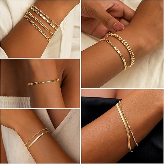 Mother Day Gift 7PCS 14K Plated Bracelet Set for Women – Dainty Layered Cuban Link, Herringbone & Paperclip Stackable Bracelets, Fashion Jewelry Gift