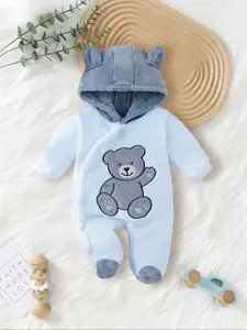 Baby Bear Plush Romper with Embroidered Design, Warm Winter for Boys & Girls, Soft Fleece Fabric, Perfect for Outdoor Activities, Infant Toddler Clothes