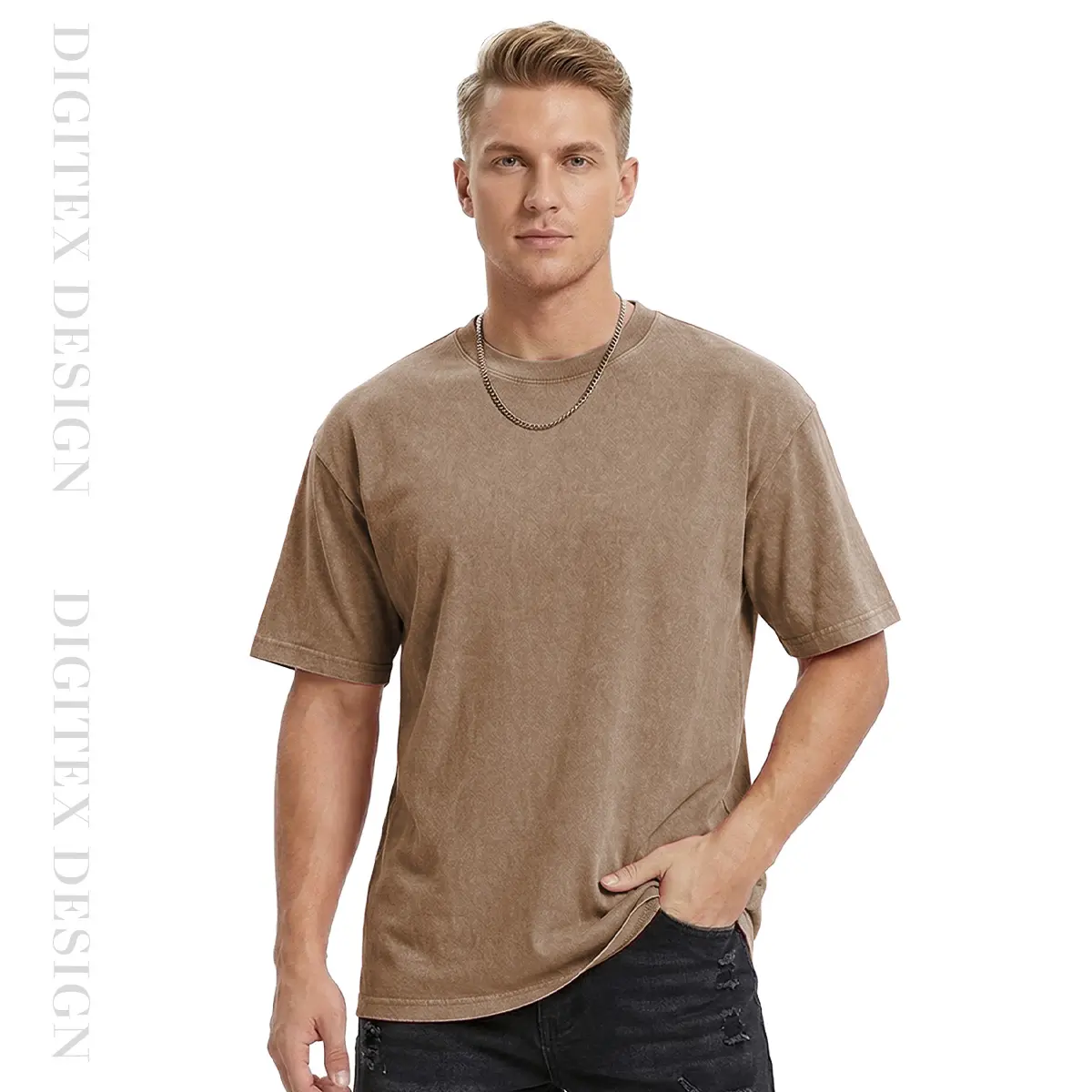 Digitex Men's Acid Washed Heavy Cotton Vintage T-Shirt Relaxed Fit Short Sleeve Casual Streetwear Crewneck Basic Tee in Coffee