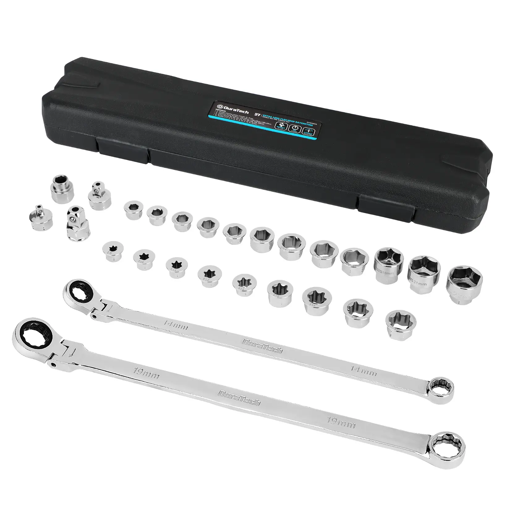 #fathersdaygift DURATECH 27PCS Extra Long Flex Head Ratcheting Wrench Set, 8-22mm, Double Box End Ratchet Wrench Set with E-type 8-22mm Replacement Heads, 10x19mm, 1/4", 3/8", 1/2" Socket Adapters