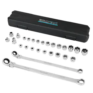 DURATECH 27PCS Extra Long Flex Head Ratcheting Wrench Set, 8-22mm, Double Box End Ratchet Wrench Set with E-type 8-22mm Replacement Heads, 10x19mm, 1/4", 3/8", 1/2" Socket Adapters