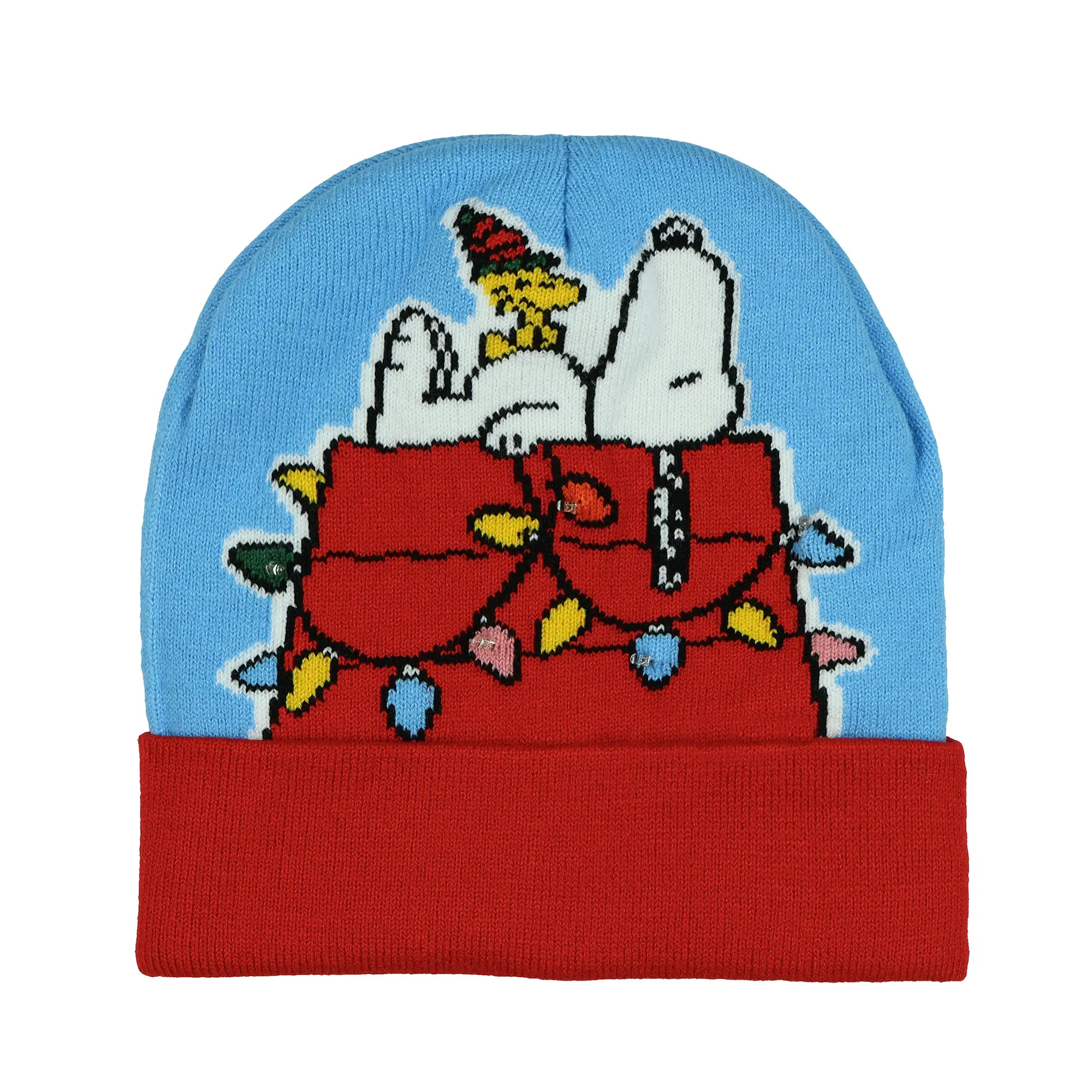 Peanuts Beanie Adult Snoopy and Woodstock Christmas Cuff Knit Light Up Hat, Led Hats