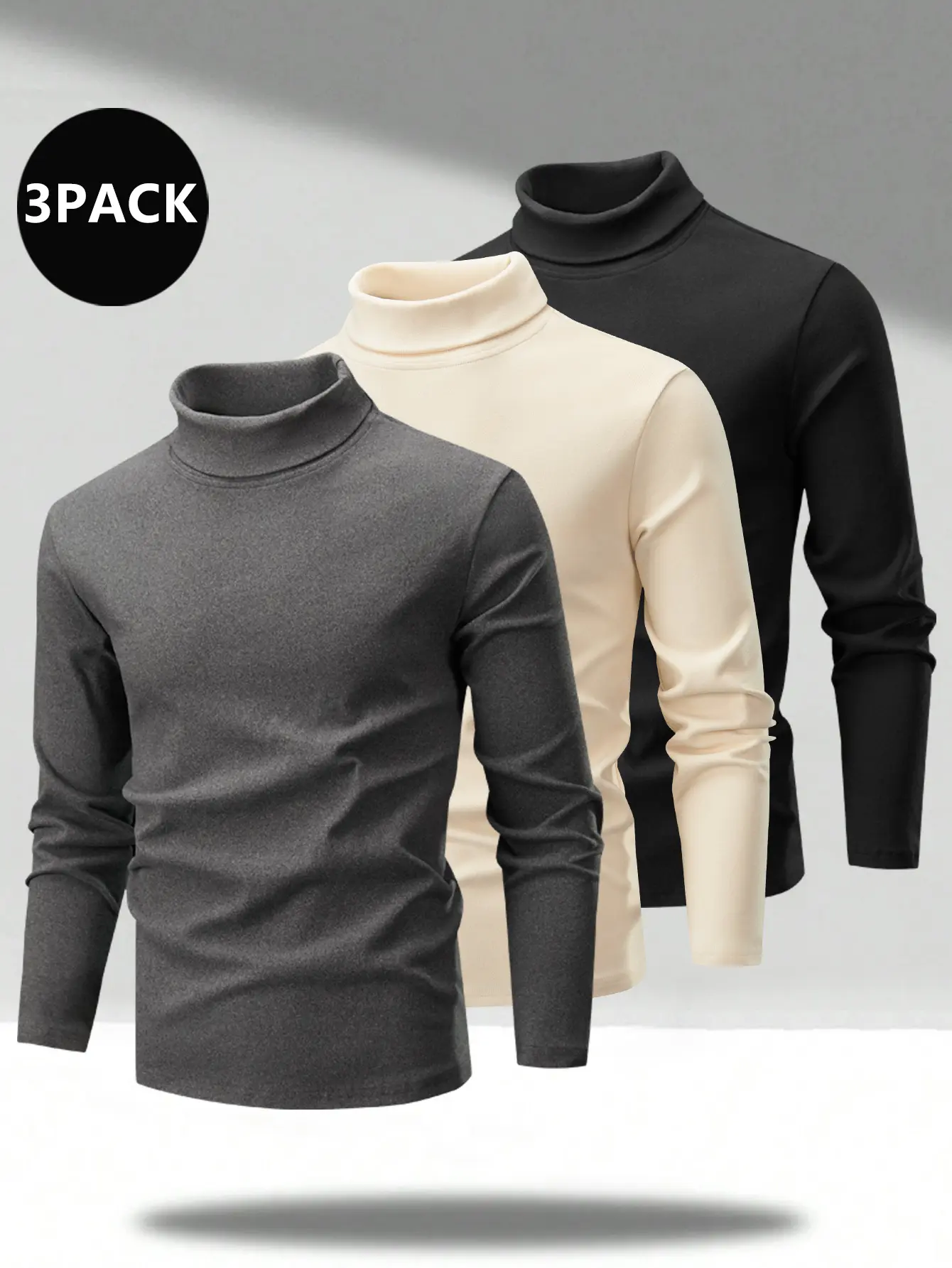 3-Pack Men's Turtleneck Long Sleeve T-Shirt High Stretch Thermal Base Layer Mock Neck Undershirt Soft Pullover Tops Casual Basic Solid Color Layering Tee for Fall Winter Outdoor Daily Wear Smart Business Layered Underwear Warm Outfit Top Menswear Tshirt