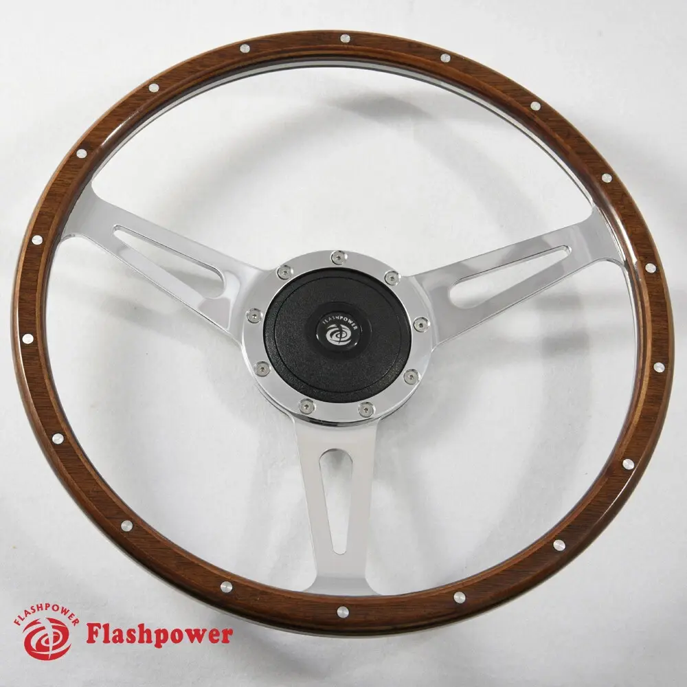 15'' Classic Genuine Mahogany-Laminated Wood Steering Wheel with 6061 Aluminium Rivets, High Polished Finish, Horn Button, Installation Bolts for Vintage Ford Mustang Shelby AC Cobra