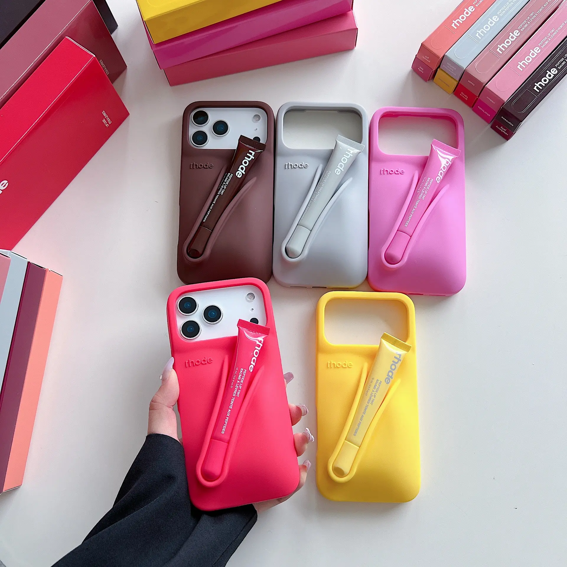 RHODE Cosmetic Holder Phone Case for iPhone 11 12 13 14 15 16 17 Pro Max, Soft Silicone Shockproof Cover with Built-In Lip Care Storage for Everyday Use