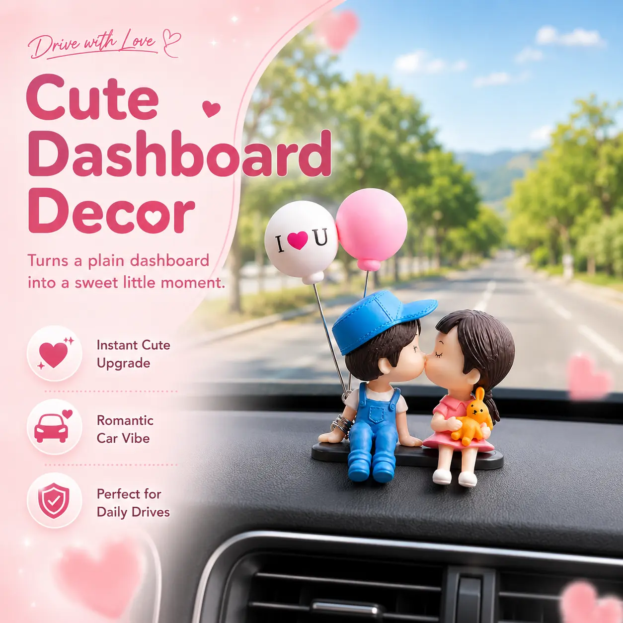 Cute Couple Car Dashboard Ornament Set, Kissing Boy Girl Figurines with Balloons, Aesthetic Interior Car Decor Center Console Accessories for Women