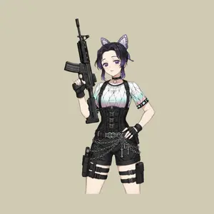 Shinobu Tactical Anime Girl Sticker, Butterfly Assassin Style, Purple Tips Hair, Rifle, Black Corset Gear