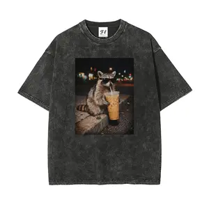 Funny Raccoon drinking Coffee MEME Oversize Unisex Washed T-Shirt for Women and Men's Unisex Fit Batik Cotton Oversize Streetwear Menswear  Super Soft Pre-Shrunk