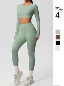 Women's Solid Long Sleeve Crop Top & High Waist Leggings Tracksuit Set, Sporty Breathable Comfy Outfits for Yoga Gym Workout Running, Jogging Sets for Women, Ladies for All Seasons, Workout Running Clothes, Sweatsuit Set, Sportswear for Gym