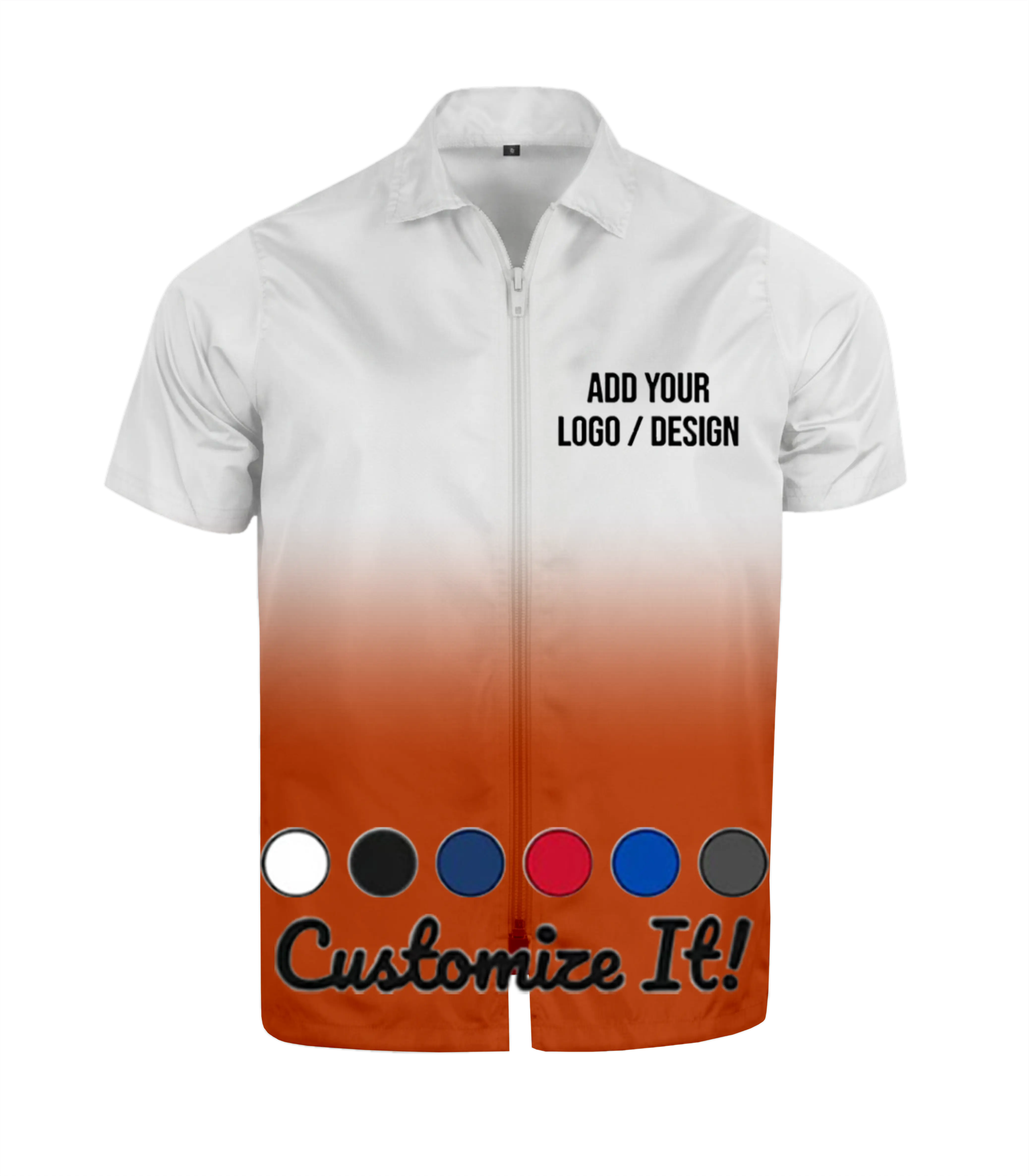 Men's Custom Barber Smock Jacket - White-Orange, Short Sleeve Tops, Chest Print, Zip Front, Customizable with Your Logo or Design