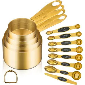 Gold Magnetic Measuring Spoons and Cups Set of 12, 8 Dual Sided Magnetic Measuring Spoons set with Leveler, 4 Measuring Cups, Premium Stainless Steel, Measuring for Liquid and Dry Ingredients