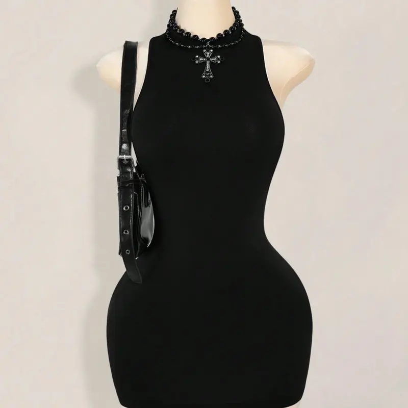 Women's Plain Slim-Fitting Mini Dress, Backless Cross Design, Perfect for Parties & Casual Wear, Party Cocktail Dress, All Season Fashion