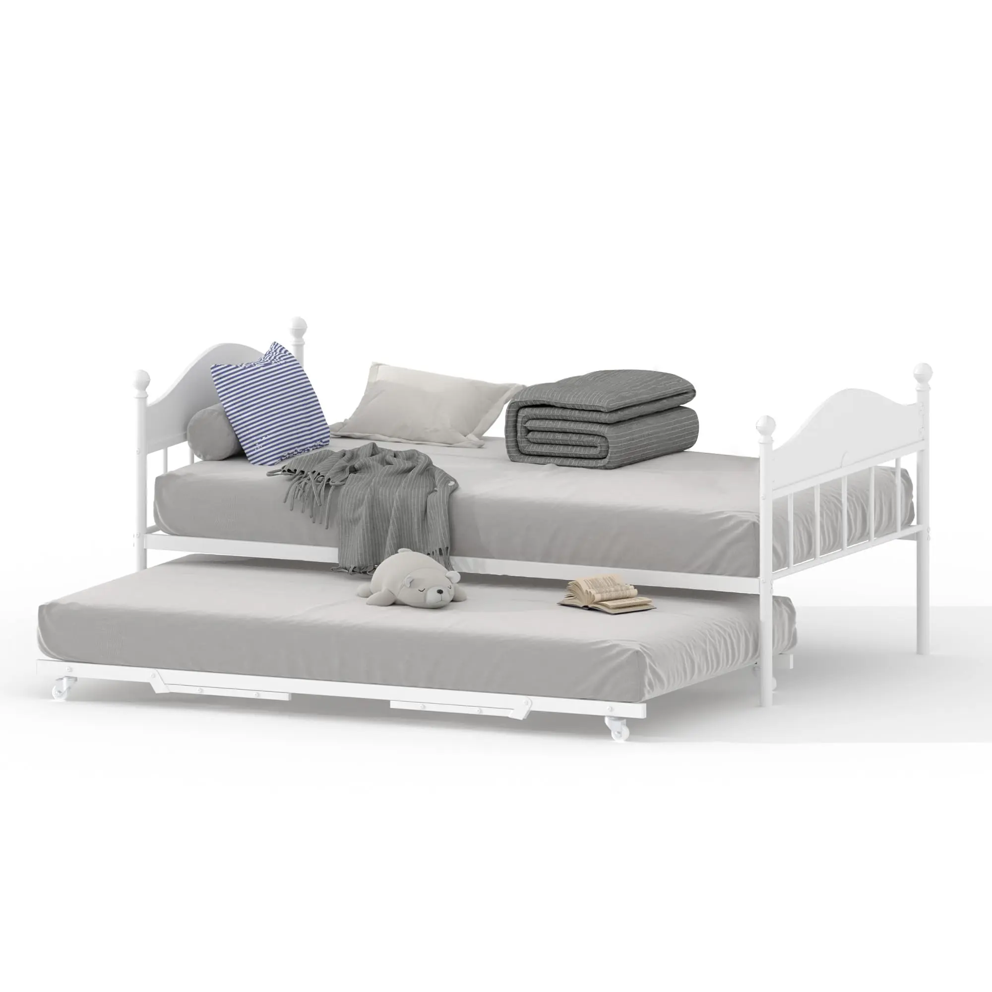 Garvee Twin Daybed with Collapsible Trundle, Heavy Duty Steel Slat Platform, Stylish Headboard, Durable Black Metal Frame - Ideal for Living Room, Bedroom, Guest Room, and Under-Bed Storage