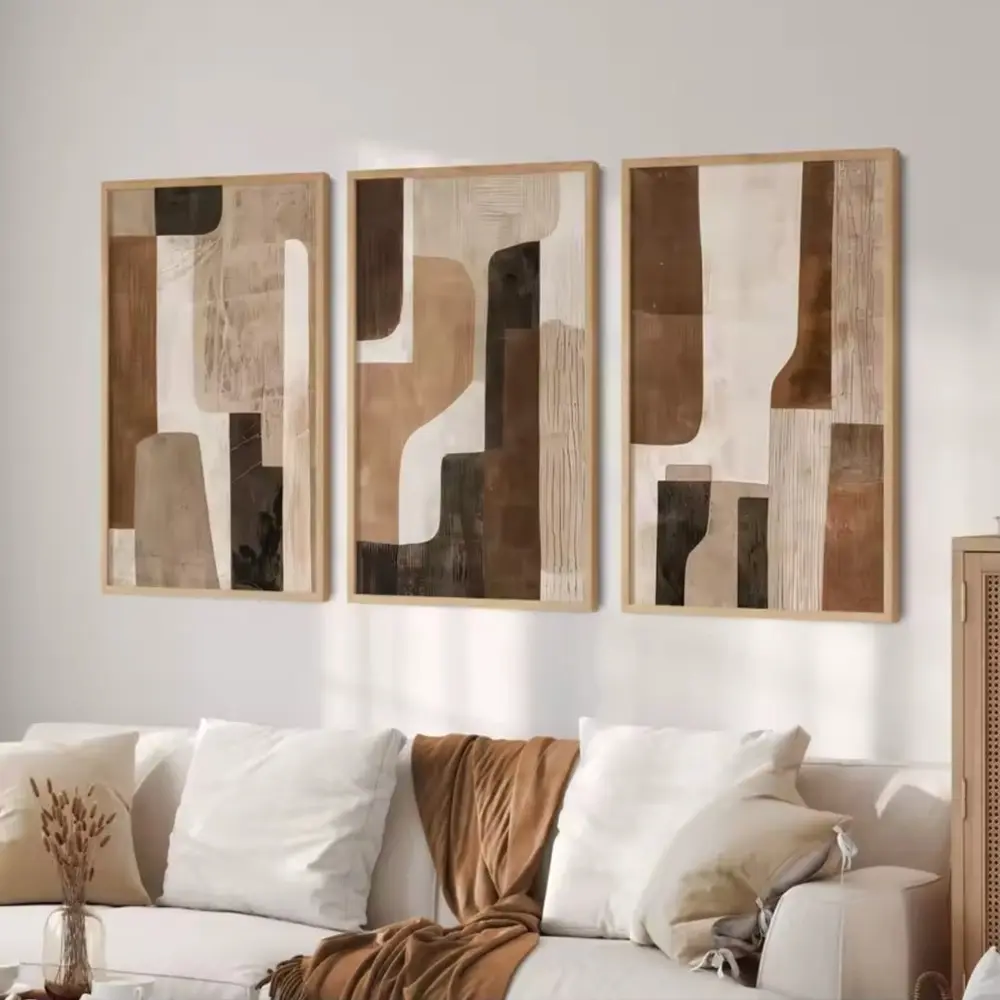 3pcs Abstract Canvas Art with Wooden Frame, Bohemian Style Modern Abstract Design Home Decor, Art Wall Decoration, Neutral Geometric Wall Hanging, Canvas Prints, Boho Wall Art, Decoration Items
