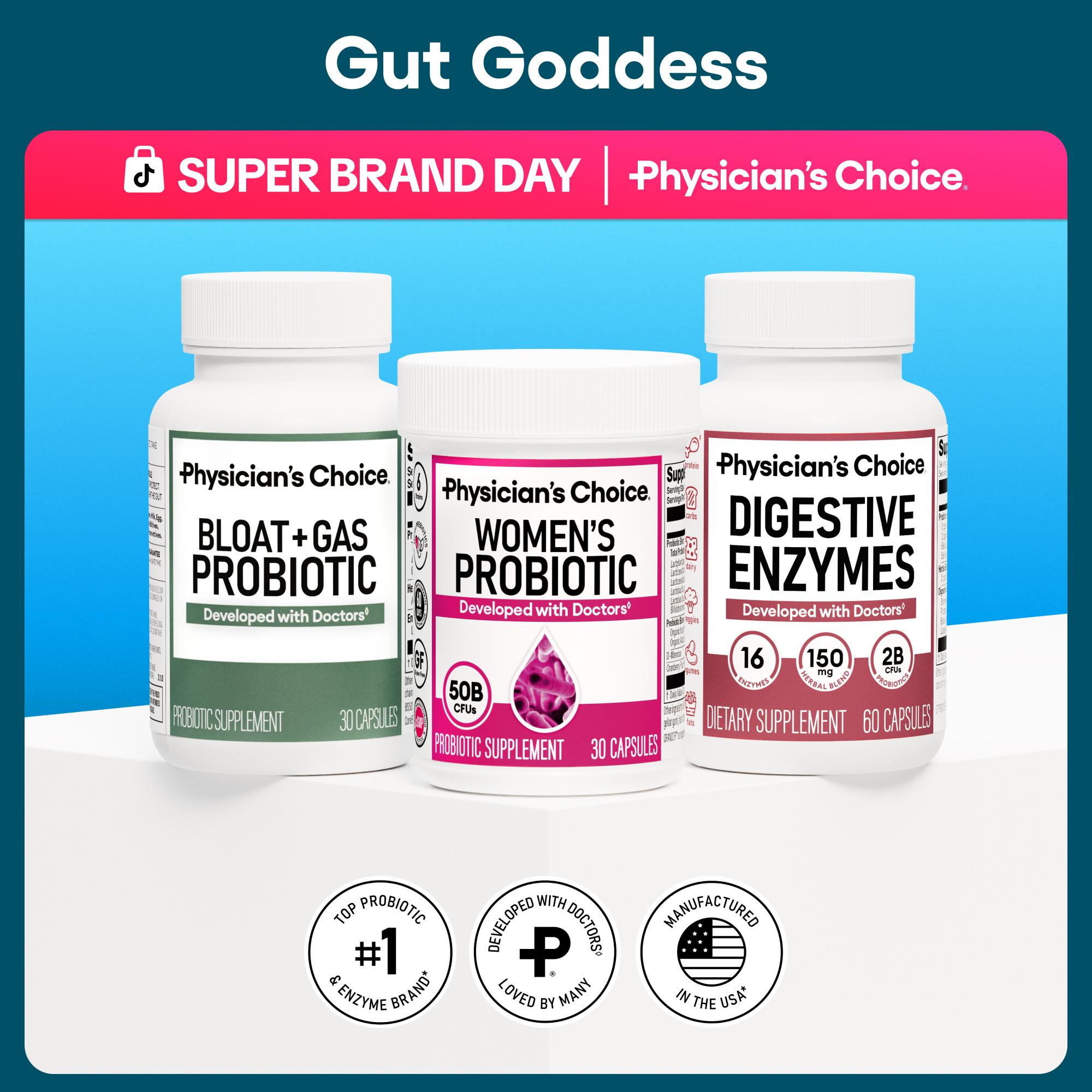 Physician's Choice Gut Goddess Bundle: Targeted Gut Health Support for Women with Women’s Probiotic + Digestive Enzymes + Bloat & Gas Probiotic